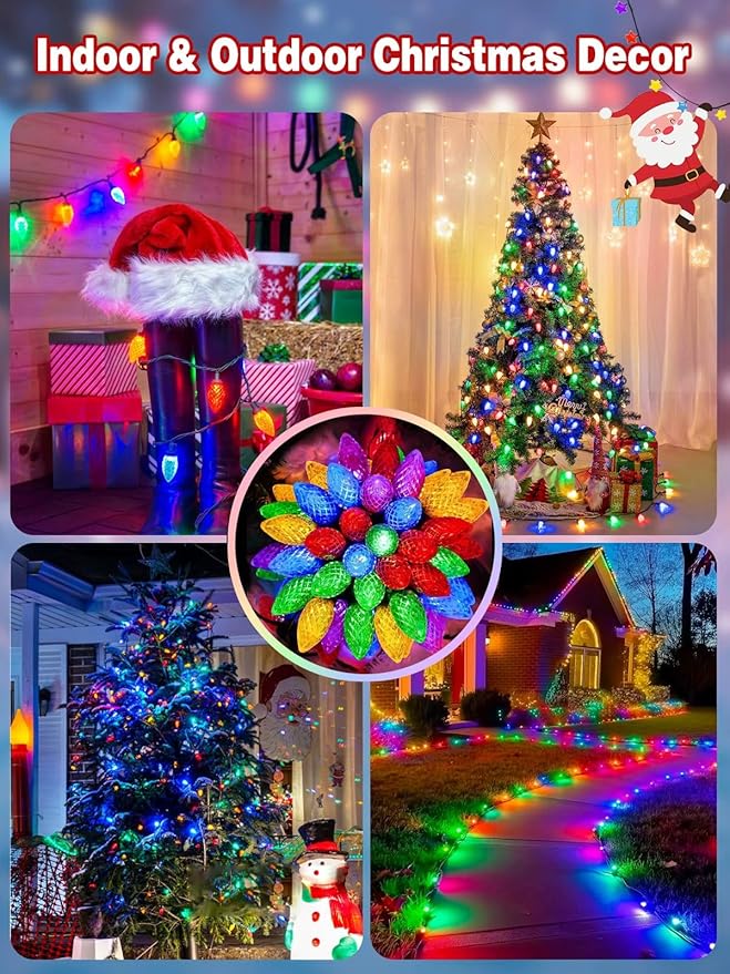2-Pack 66FT 100LED Extendable C9 Christmas Lights Outdoor/Indoor Waterproof Christmas String Lights Plug in Green Wire Fairy Lights for Xmas Tree Garden Patio Wedding Party Decoration (Multicolor)