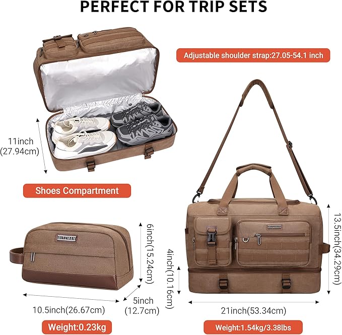 WITZMAN Duffle Bag for Men 50L Canvas Weekender Overnight Bag with Toiletry Bag Sets Travel Duffel Bag Shoes Compartment（A8010/2 Brown）
