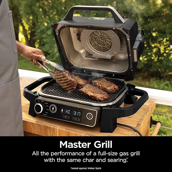 Ninja | Woodfire Series | 7-in-1 (Grill BBQ Roast Air Fry Dehydrate Broil Smoke) | Portable &amp Weather Resistant | Cook Up To 6 Steaks &amp 30 Hot Dogs | Woodfire Pellets included | OG701