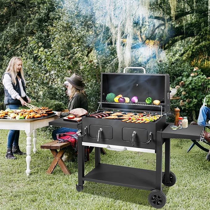 Charcoal Grill Outdoor BBQ Grill Extra Large Cooking Area 794 Square Inches with Two Individual &amp Adjustable Charcoal Tray Foldable Side Tables for Outdoor Cooking Backyard Camping Picnics By DN
