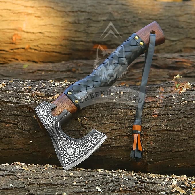 Custom Handmade Carbon Steel Real Viking Axe HatchetCamping Axe Birthday Gift for him Leather Wrapped Handle and Leather Sheath ((FM 19))
