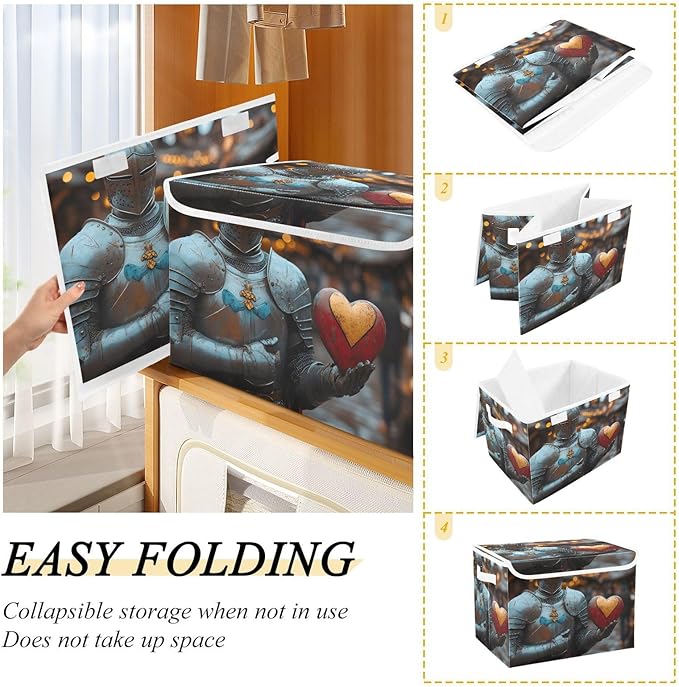 AIXIWAWA Lidded Storage Cube (Knight and Heart) Fabric Foldable Closet Bins with Flip Lid and Handles Organizer Basket Container 16.5 x 12.6 x 11.8 IN