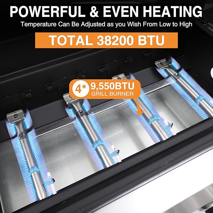4 Burner Gas Grills Outdoor Cooking Propane Gas Grill BBQ Grill Portable Barbecue Grills with Cast Iron Grate Pan and Folding Side Table 40000 BTU Output Easy-Clean
