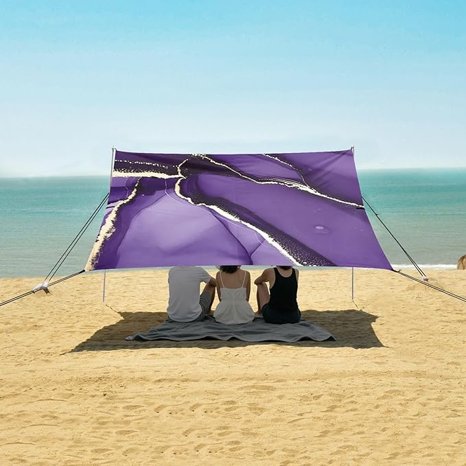 Beach Canopy with Windproof Ropes &amp Sandbags Beach Tent Sun Shade Sun Shelter for Camping Trips Fishing Backyard Fun or Picnics Purple Texture