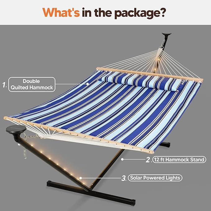 SUNCREAT Double Backyard Hammock with Solar Powered Lights for Outside 475 lbs Capacity Heavy Duty Self Standing Hammock with 12 ft Stand Blue