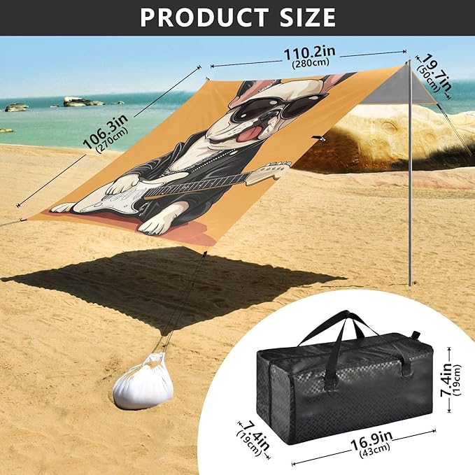 ALAZA Cartoon Rock and Roll French Bulldog Beach Tent Sun Shelter Portable Canopy Sunshade for Outdoor Camping Picnics Backyard Fun 10x9 ft