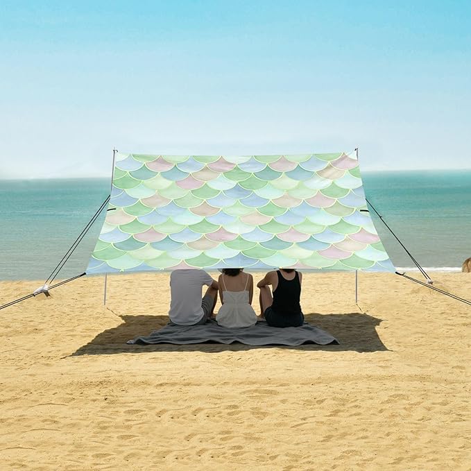 xigua Watercolor Scallop Beach Tent Sun Shelter with Carrying Bag - Silver Coated Oxford Fabric Beach Canopy for Beach Camping Fishing - Includes Windproof Ropes Sandbags &amp Stakes
