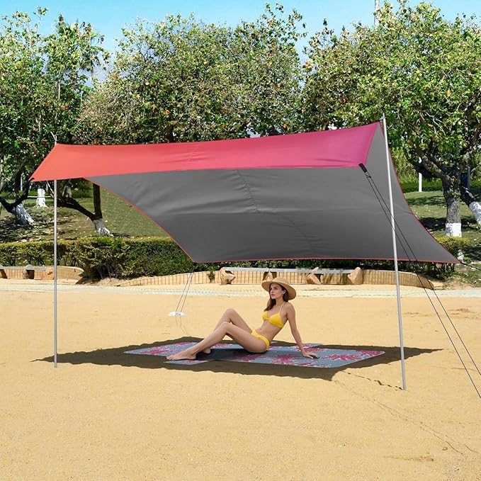 Purple Orange Gradient Beach Tent &amp Canopy UPF50+ Easy Setup Sun Shelter with Sandbags &amp Sand Shovel for Backyard and Camping