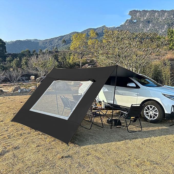 Car Awning – 48x28cm Oxford Mesh Black/Khaki Vehicle Shade Shelter Tailgate Canopy Cover Window Vent Screen | Ideal for SUV Travel RV Campsite Shade Backyard Outdoor Relaxing Truck Rest