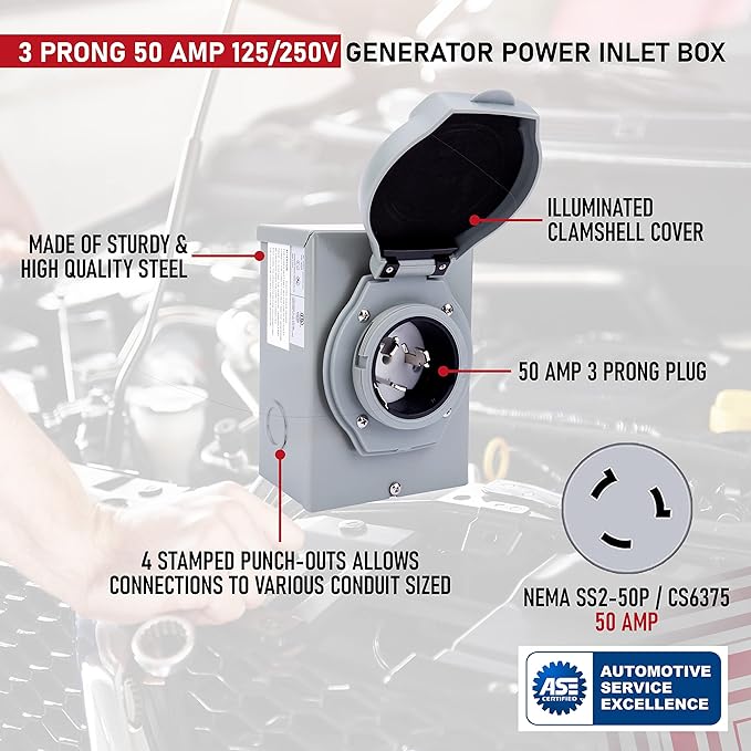 50 Amp Generator Inlet Box - NEMA SS2-50P Power – Waterproof Outlet - RV Outdoor/Indoor Weatherproof Use - 125/250V Up to 12500 Watts – 3R Plug ETL Listed
