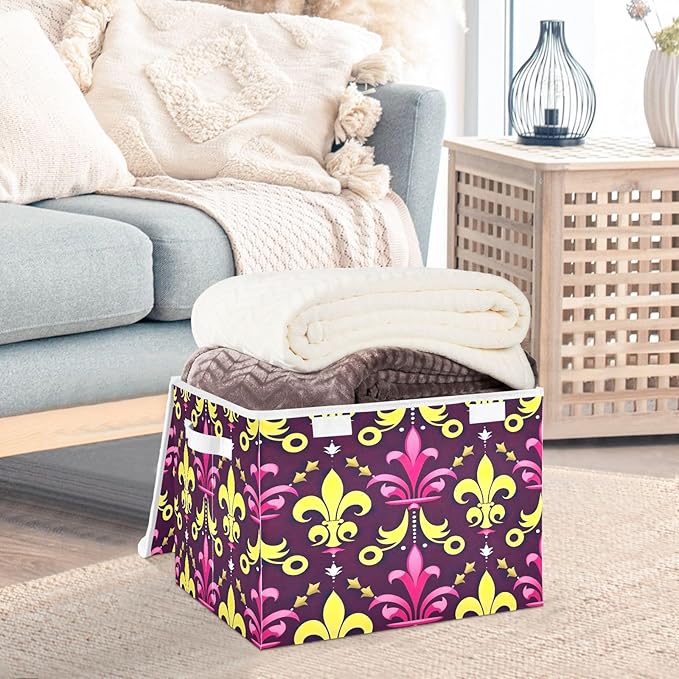 Christmas Storage Baskets with Lids Mardi Gras Lily Collapsible Bins Stackable Fabric Linen Baskets Closet Organizer Container 16.5x12.6x11.8