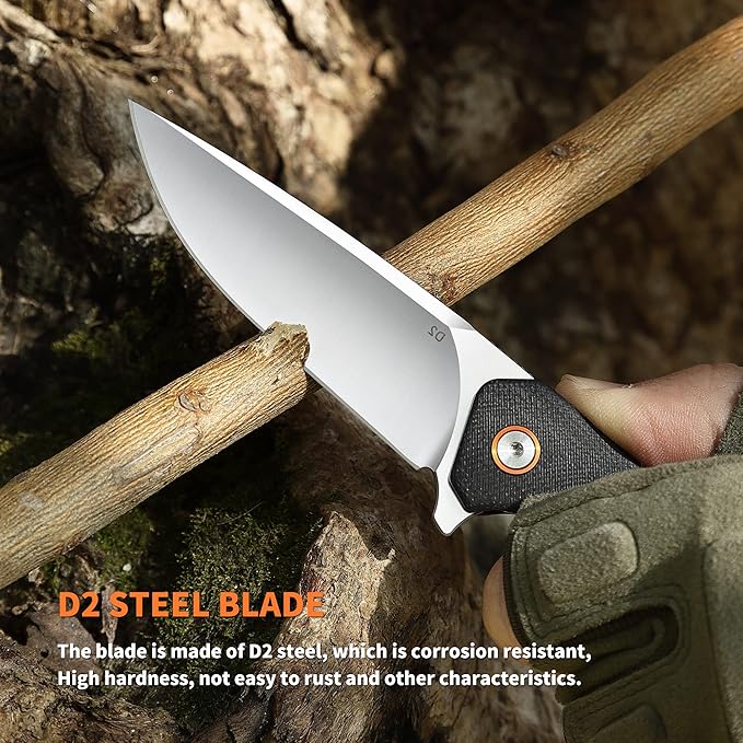 Pocket KnifeFolding EDC Tactical KnifeCamping Survival Knife 3.54'' D2 Blade Steel and G10 Handle Liner Lock Reversible Clip Everyday Carry for Men Knife Outdoor Survival