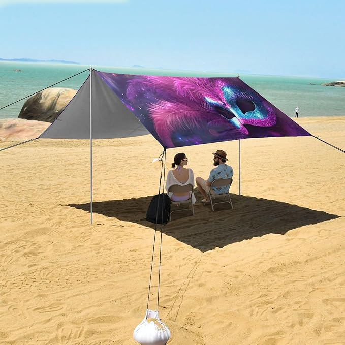 Carnival Masquerade Mask Pattern Beach Tent Sun Shelter Set UPF50+ UV Protection 10.5 x 9.19 FT Camping Shade Canopy with Sandbags Sand Anchors Carrying Bag and Others