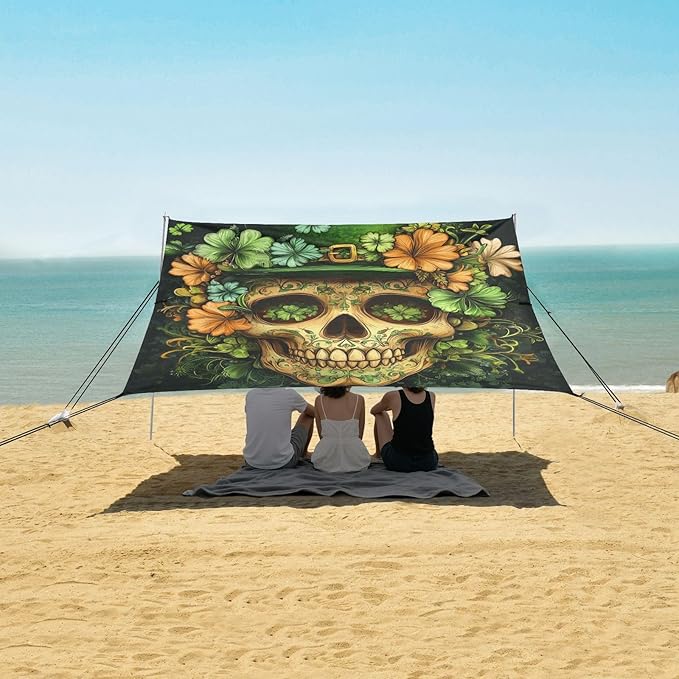 ALAZA St. Patricks Day Clover Leaves Skull Beach Tent Sun Shelter Portable Canopy Sunshade for Outdoor Camping Picnics Backyard Fun 10x9 ft