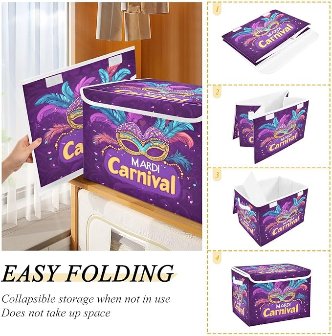 Mardi Gras Mask Storage Baskets with Lids Collapsible Bins Stackable Fabric Linen Baskets Closet Organizer Container 16.5x12.6x11.8