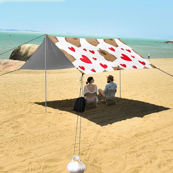 xigua Capibara Beach Tent Sun Shelter with Carrying Bag - Silver Coated Oxford Fabric Beach Canopy for Beach Camping Fishing - Includes Windproof Ropes Sandbags &amp Stakes
