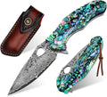 Benkey Damascus Pocket Knife Sharp VG10 Core Damascus Steel Folding Knives with True Abalone Shells Handle Leather Sheath Ball Bearing Liner Lock Lightweight Damascus Knife for EDC Men Women