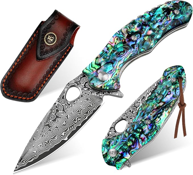 Benkey Damascus Pocket Knife Sharp VG10 Core Damascus Steel Folding Knives with True Abalone Shells Handle Leather Sheath Ball Bearing Liner Lock Lightweight Damascus Knife for EDC Men Women