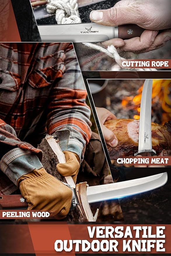 TAN REN Tanto Knife Fixed Blade 8 Inch Survival Knives with Wooden Handle Japanese Fixed Blade Knife with Sheath for Camping Outdoor Christmas Gift Knives for Men