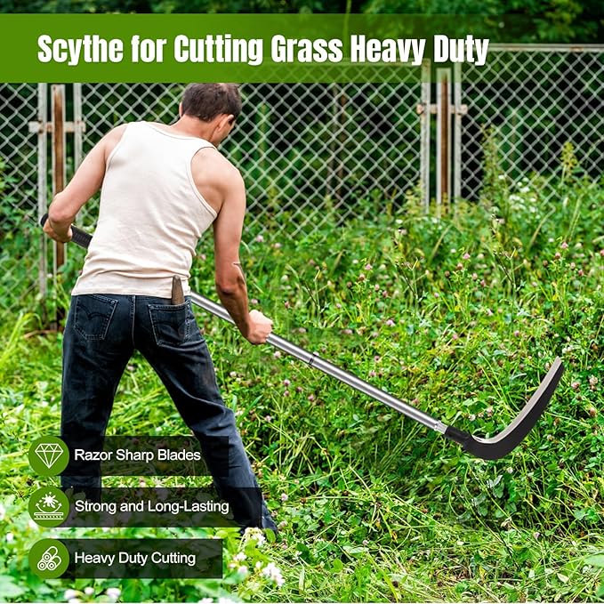 Scythe Tool for Grass Cutting Weeding Sickle Garden Tools for Clearing Bushes Brush Vines in Yard Fields Ditches Paths Landscaping Weed Razor Cutter Machete for Farming Harvesting