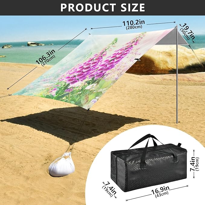 Beach Canopy with Windproof Ropes &amp Sandbags Beach Tent Sun Shade Sun Shelter for Camping Trips Fishing Backyard Fun or Picnics Purple Flower