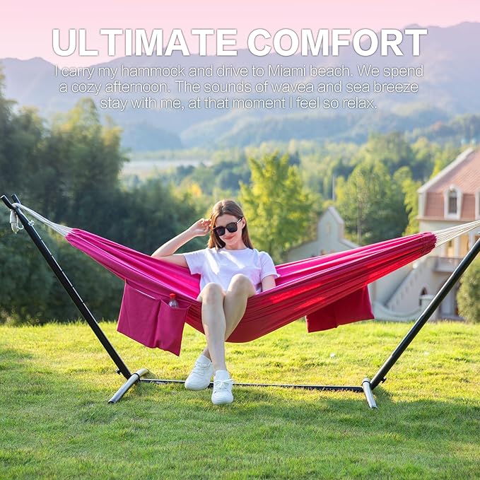 PNAEUT Double Hammocks with Stand for Outside Portable Space Saving Heavy-Duty Steel Stand for Indoor Outdoor Patio with Carrying Bag 450 lbs Capacity (Rose Pink)