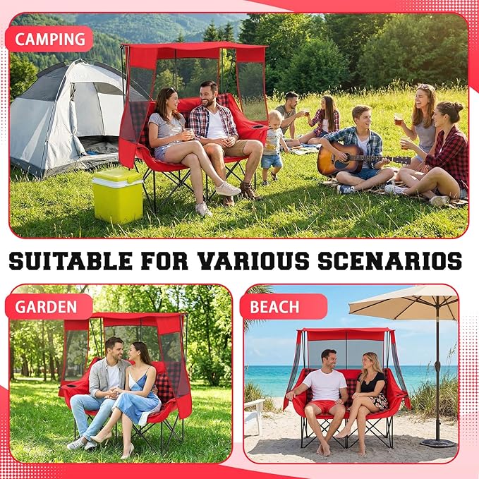 Teenyyou Double Camping Chair with Canopy Shade 660lbs Heavy Duty Beach Chair Portable Folding 2 Person Camping Loveseat with Cup Holder and Storage Bag for Lawn Beach Outdoor Sport(Red Plaid)