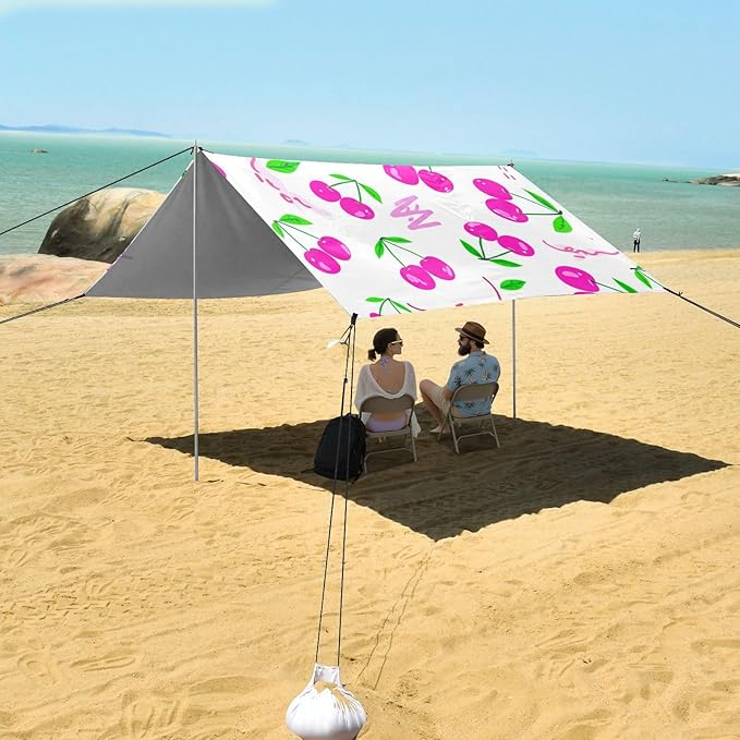 Beach Canopy with Windproof Ropes &amp Sandbags Beach Tent Sun Shade Sun Shelter for Camping Trips Fishing Backyard Fun or Picnics Red Cherries