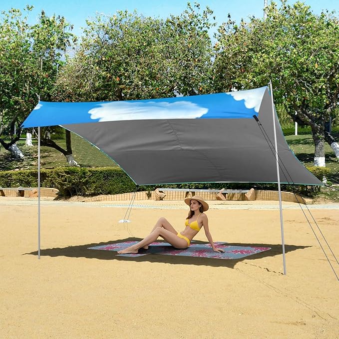 Beach Canopy with Windproof Ropes &amp Sandbags Beach Tent Sun Shade Sun Shelter for Camping Trips Fishing Backyard Fun or Picnics Waves