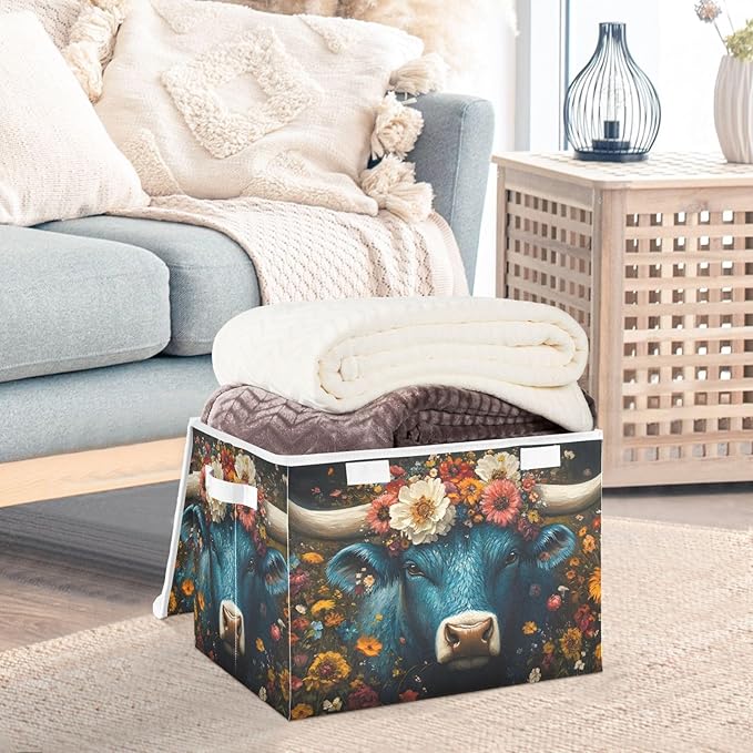 AIXIWAWA Lidded Storage Cube (Cow Flowers) Fabric Foldable Closet Bins with Flip Lid and Handles Organizer Basket Container 16.5 x 12.6 x 11.8 IN