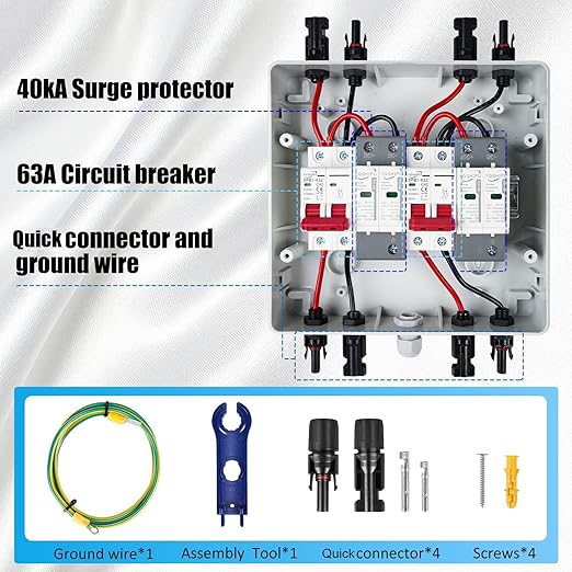 2 String 1000V PV Combiner Box 2 in 2 Out Dual String 63A DC Circuit Breaker with Solar Disconnect Function Surge Protection IP65 Weather-Resistant Enclosure