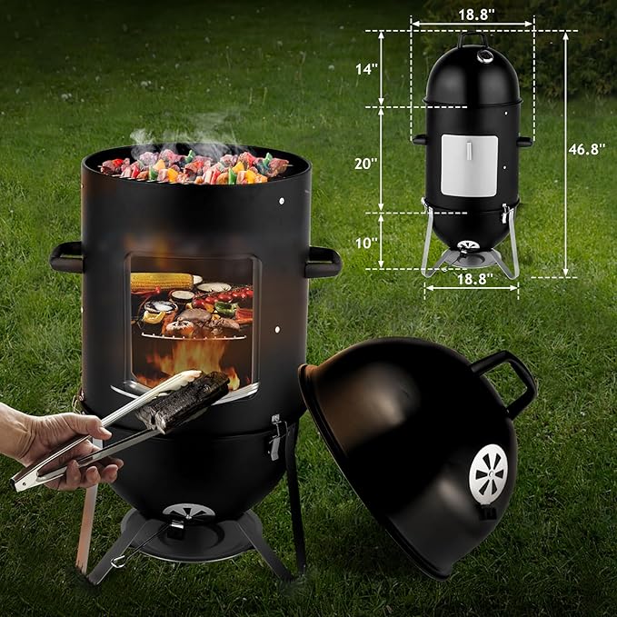 46.8 Vertical Steel Charcoal Smoker GrillHeavy Duty BBQ GrillsOutdoor Camping Backyard Barbecue GrillMetal Barbecue Smokerswith Thermometerfor Patio Garden Beach Porch Lawn Yard (Black)
