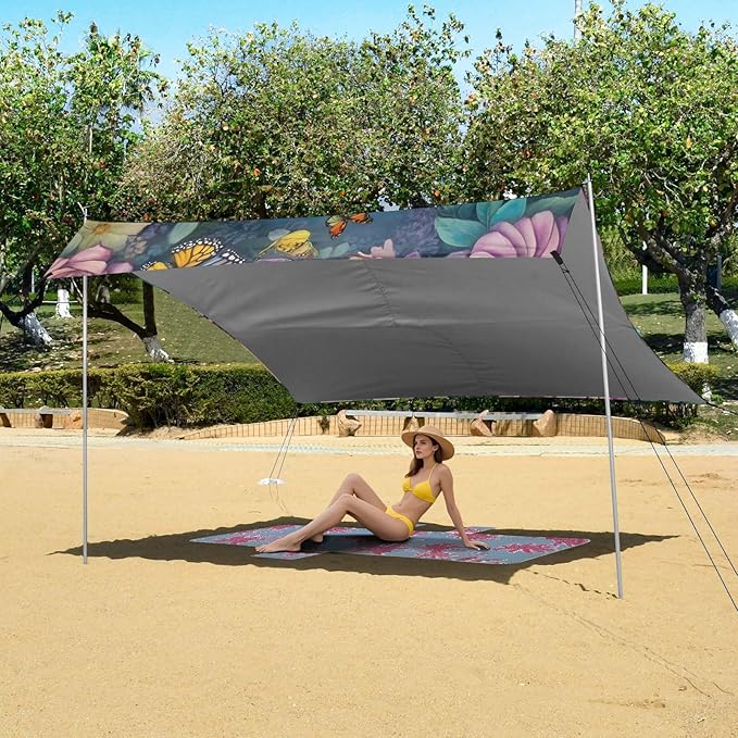 ALAZA Highland Cow Butterflies Beach Tent Sun Shelter Portable Canopy Sunshade for Outdoor Camping Picnics Backyard Fun 10x9 ft