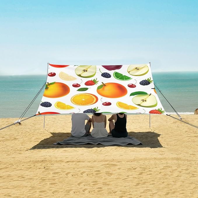 xigua Fruit Beach Tent Sun Shelter with Carrying Bag - Silver Coated Oxford Fabric Beach Canopy for Beach Camping Fishing - Includes Windproof Ropes Sandbags &amp Stakes