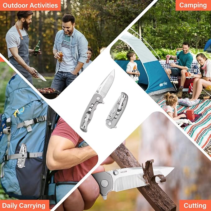 Handy Pocket Knife Folding Knife with 3.4''D2 CNC Titanium Handle Small EDC Knife with Pocket Clip for Men Women Emergency Camping Survival Hiking Knives Silvery