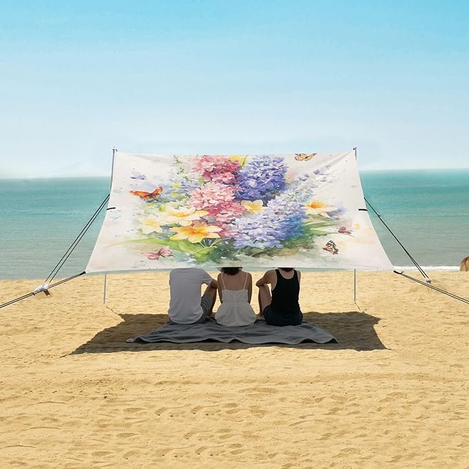 Summer Flowers Bouquet Butterflies Beach Tent &amp Canopy UPF50 Lightweight Sun Shelter with Carrying Bag for Camping Picnics Backyard &amp Fishing