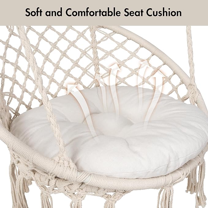 ANOW Macrame Hammock Chair with Stand for Outside Heavy Duty Hanging Chair Stand with Swing Chair Includes Seat Cushion Max 400 Lbs Natural