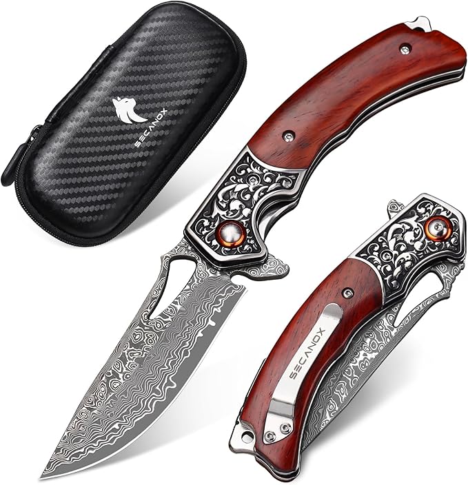 Damascus Pocket Knife for Men Wooden Handle and Sharp Damascus Steel Blade Folding Knives for EDC Camping Hiking Outdoor Collection