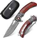 Damascus Pocket Knife for Men Wooden Handle and Sharp Damascus Steel Blade Folding Knives for EDC Camping Hiking Outdoor Collection