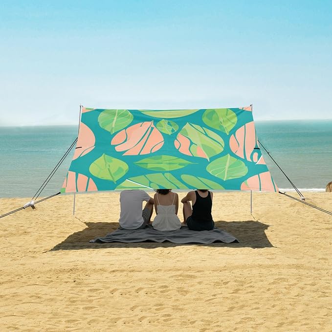 Beach Canopy with Windproof Ropes &amp Sandbags Beach Tent Sun Shade Sun Shelter for Camping Trips Fishing Backyard Fun or Picnics Leaf