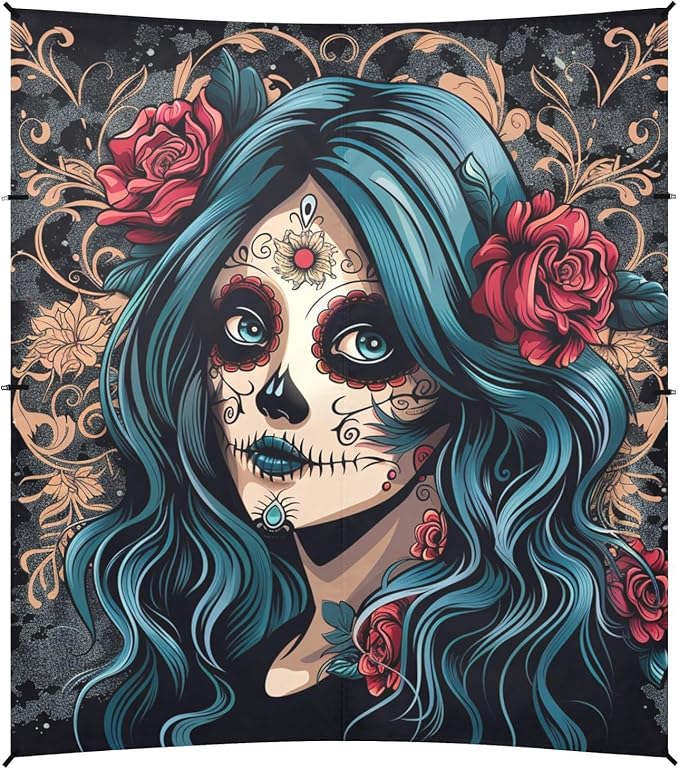 ALAZA Sugar Skull Girl Blue Hair Beach Tent Sun Shelter Portable Canopy Sunshade for Outdoor Camping Picnics Backyard Fun 10x9 ft