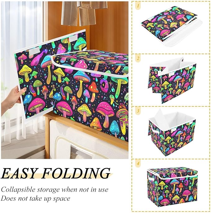 Anime Mushroom Storage Cube Bins Basket with Lid Collapsible Flip-top Fabric with Handle for Home Bedroom Closet Office 16.5×12.6×11.8 in