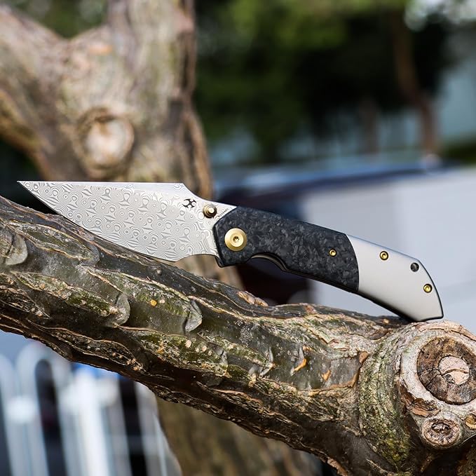KANSEPT Fenrir Pocket Knife 3.48 Damascus Harpoon Blade Plain Titanium Handle Shred Carbon Fiber Inlay Thumb Stud &amp Liner Lock with Deep Clip EDC Knives for Camping Hunting Survival K1034B1