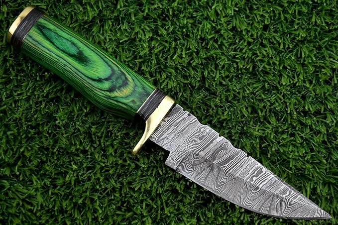 8-Inch Hand-Forged Damascus Steel Hunting Knife Fixed Blade Skinning Design with Leather Sheath Multicolor Wood Handle Brass Guard Twist Pattern Blade for Camping (Green)