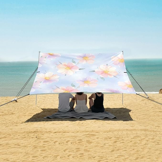 Wildflowers Beach Canopy Sun Shelter with Sandbags &amp Sand Shovel &amp Windproof Ropes - Portable 110x126 Beach Shade Beach Tent for Camping Picnics