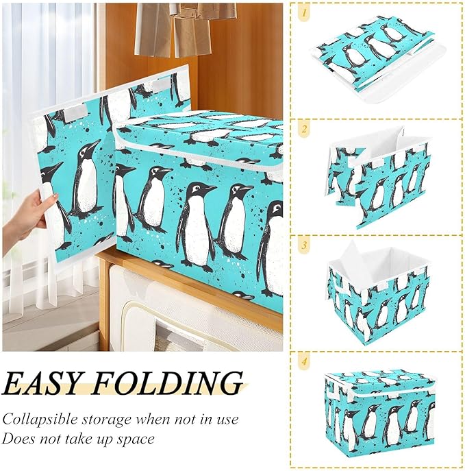 Penguin Teal Storage Cube Bins Basket with Lid Collapsible Flip-top Fabric with Handle for Home Bedroom Closet Office 16.5×12.6×11.8 in