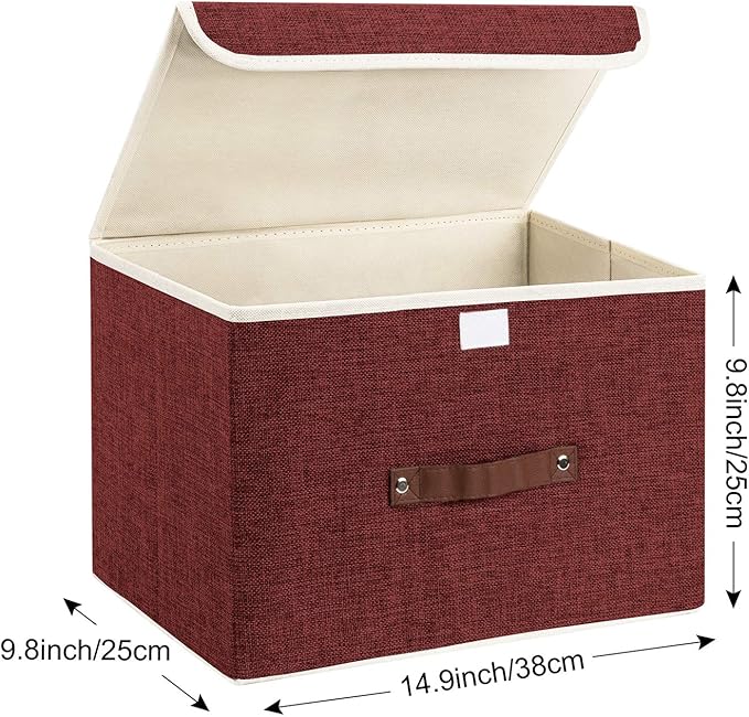 TYEERS Collapsible Storage Boxes Washable Fabric Storage Bins with Lids 14.9x9.8x9.8 inches 3 Pack Red Wine