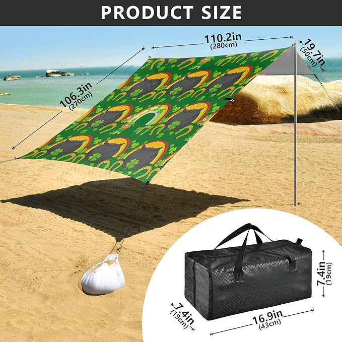Beach Canopy with Windproof Ropes &amp Sandbags Beach Tent Sun Shade Sun Shelter for Camping Trips Fishing Backyard Fun or Picnics St. Patrick's Day
