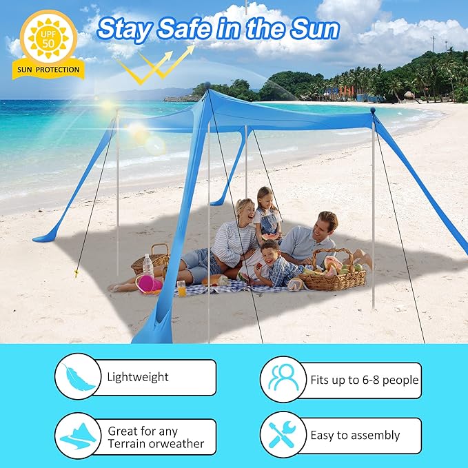 Beach Tent Sun Shelter with UPF 50+ UV Protection Beach Canopy Sun Shade 11x11 FT with Sandbags Poles and Ground Pegs and Anti-Wind Ropes Pop Up Tent for Camping Backyard and Picnics