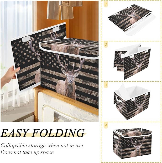 CaTaKu Deer Hunting Storage Bins with Lids Fabric Large Storage Container Cube Basket with Handle American Flag Decorative Storage Boxes for Organizing Clothes Shelves
